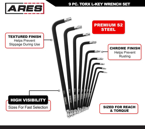 9-piece Torx L-key wrench set with textured finish, chrome finish, and high visibility for fast selection.