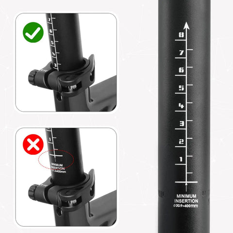 Close-up of marked Beefy Aluminum Mountain Bike Seat Post With Multi Diameter Fit 25.4 27.2 28.6 30.4 30.9 31.6 Diameter Options And 400mm Length.