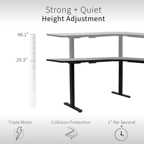 VIVO Corner Standing Desk In Dark Walnut L Shaped Electric Height Adjustable Workstation with height adjustment features.