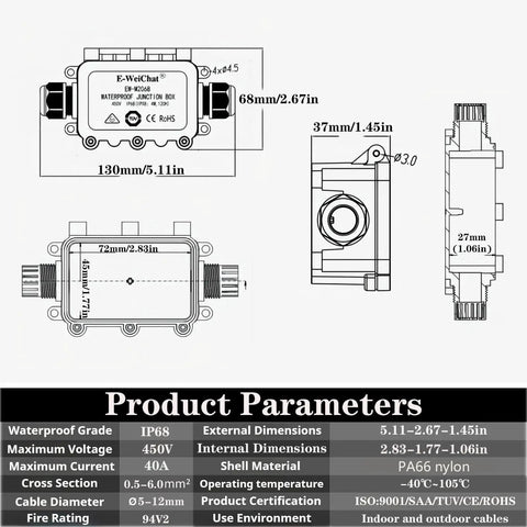 Diagram of Outdoor Waterproof Junction Box For 5-12mm Cables, Heavy Duty Electrical Box dimensions and specifications.