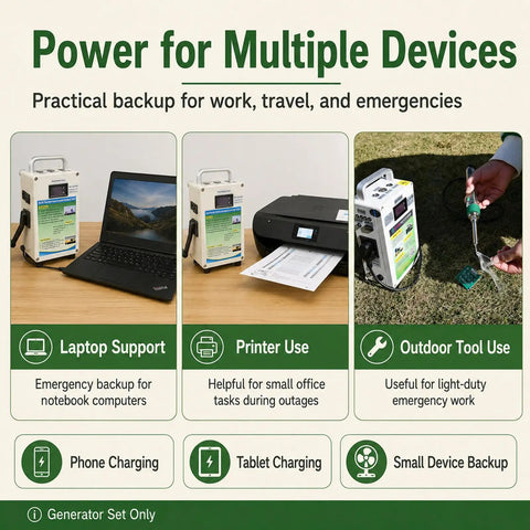 Off Grid Power On The Go With 150W And 500W Hand Crank Generator powering laptop, printer, and tool for versatile backup uses