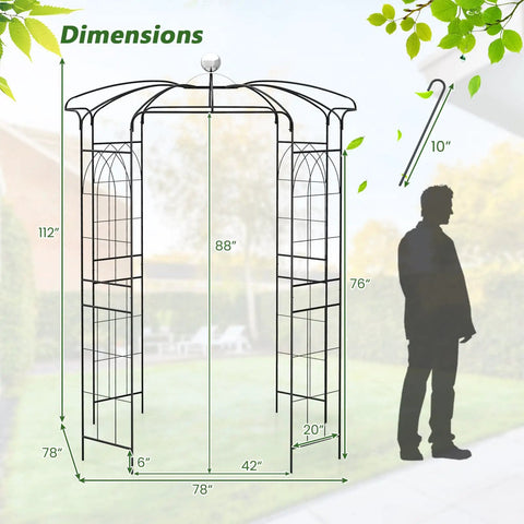 Epic French Style Birdcage Gazebo Trellis dimensions with human silhouette for scale, showing 112" height and 78" width.