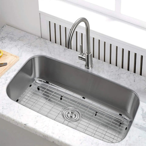 Stainless Steel Kitchen Sink Grid And Protector For Single Bowl 27 3 Eighths By 15 3 Eighths Inches Bottom Grid With Center Drain Hole Top Notch Heavy Duty Sink Protector Anti Scratch Easy Clean Keeps Your Sink Tidy And Protected installed in a modern kitchen setting