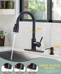 Oil Rubbed Bronze Kitchen Faucet With Soap Dispenser, 16 Inch High Arc Pull Down, Single Handle, Deck Plate, Stainless Steel