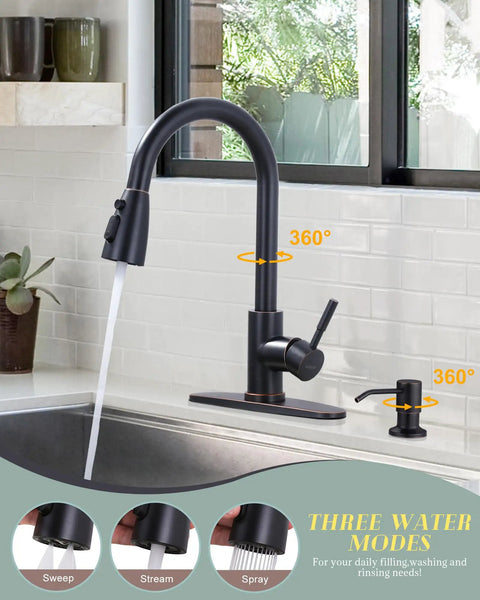 Oil Rubbed Bronze Kitchen Faucet With Soap Dispenser, 16 Inch High Arc Pull Down, Single Handle, Deck Plate, Stainless Steel