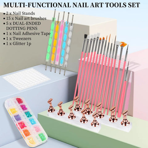 25 Piece Nail Art Tools Set With Brushes Stand Dotting Tools Striping Pens Jelly Glue Tweezers Sequins Gel Polish Glitter