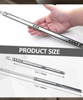 Hand holding heavy duty 12 inch metal drawer slide with ball bearing smooth rolling rails, zinc plated steel, product size chart.