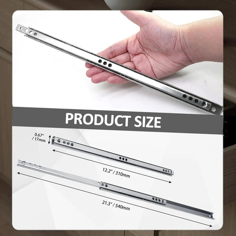 Hand holding heavy duty 12 inch metal drawer slide with ball bearing smooth rolling rails, zinc plated steel, product size chart.