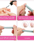 Steps showing use of 40 Piece Stone Nail File Pumice Stick Set for fingernails and cuticles with before and after results.