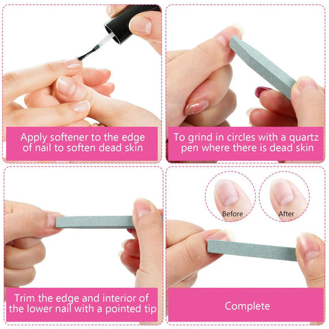 Steps showing use of 40 Piece Stone Nail File Pumice Stick Set for fingernails and cuticles with before and after results.