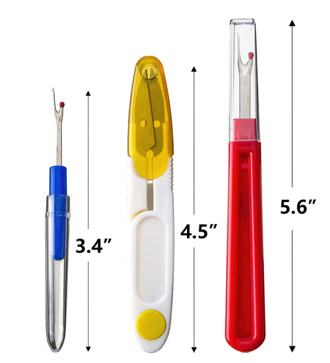 Seam Ripper And Thread Snips Kit For Sewing, Four Rippers Two Big Two Small Plus Snips, displaying 3.4", 4.5", and 5.6" tools.