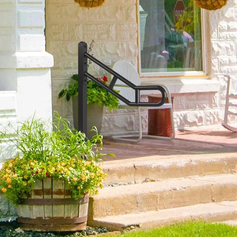 Outdoor Single Post Hand Rail For 1 To 3 Steps, Heavy Duty Wrought Iron Stair Railing With U Shaped Post, Floor Mounted Grab Rail, Anti Skid Crossbars For Garage, 32 Inch Long, 35.8 Inch High