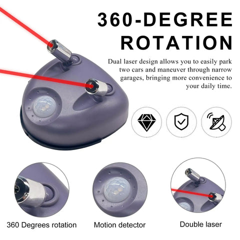 Dual Laser Garage Parking Sensor With AC Adapter And 360 Degree Adjustable Arms showing 360-degree rotation feature and dual laser heads.