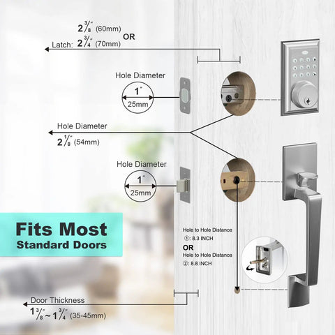 Diagram showing installation dimensions for Keypad Deadbolt Electronic Keyless Door Lock Set With Exterior Handle Auto Lock.