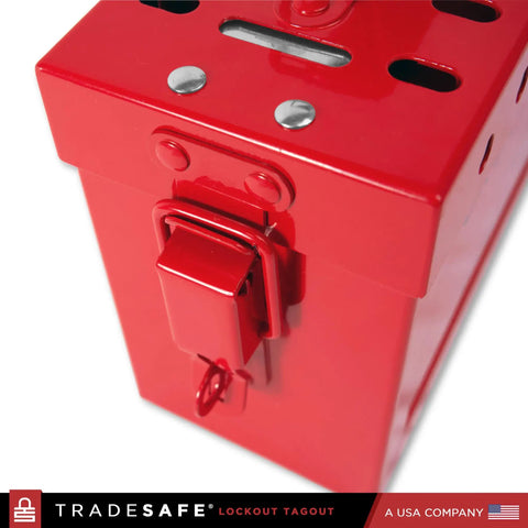 Red Lockout Tagout Group Box For OSHA Compliant LOTO Procedures, Heavy Duty 18 Gauge Steel lock box top view, durable powder-coated