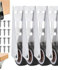 Built Tough Vertical Track Rollers For Gliding Barn Doors, Anti Sag Bottom Wheels Featuring Silent TPR Rubber And Dual Ball Bearings, Top Shelf Closet And Cabinet Hardware That Rolls Like A Dream Four Pack, showing four metal rollers and mounting screws.