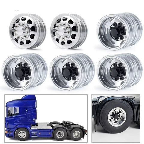 RC Car Repair Kit One Fourteenth Scale Aluminum Alloy Front And Rear Wheel Rim Hub 6x6 Set with blue RC truck model