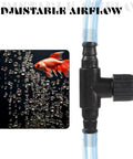 Close-up of black plastic T-shaped aquarium air control valve on 4mm tubing; 10-pack