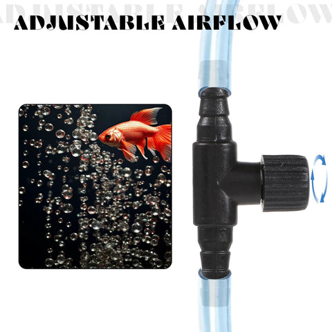 Close-up of black plastic T-shaped aquarium air control valve on 4mm tubing; 10-pack