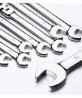 12 Piece Ratchet Spanner Set For Car Repair Universal Wrench Set with metallic finish, arranged neatly showing engraved sizes.