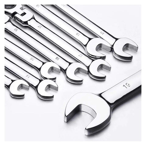 12 Piece Ratchet Spanner Set For Car Repair Universal Wrench Set with metallic finish, arranged neatly showing engraved sizes.