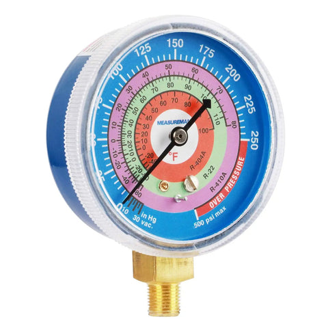 Refrigeration Pressure Gauge Kit With Dual Blue Dial And Red Dial, 2 3/4 Inch Dial, 1/8 Inch NPT Lower Mount, -30InHg To 0-250 PSI And 0-800 PSI Range, For R404A R22 R410A Servicing, For Easy Field Or Shop Use. brass refrigeration pressure gauge with blue dial