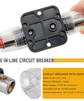 Heavy Duty 60A Manual Reset Inline Fuse Packing Knockout Overload Protection For Car Audio Stereo Solar Inverters And Rvs Beefy Circuit Breaker Ready To Roll close-up view of the transparent fuse-in-line circuit breaker