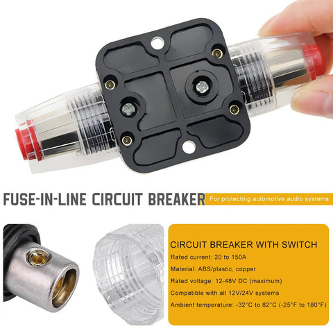 Heavy Duty 60A Manual Reset Inline Fuse Packing Knockout Overload Protection For Car Audio Stereo Solar Inverters And Rvs Beefy Circuit Breaker Ready To Roll close-up view of the transparent fuse-in-line circuit breaker