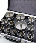 13 Piece Carbide Tipped Hole Saw Kit 19-75mm Pro Grade TCT Core Drill Bit Set Heavy Duty Metal Hole Cutter With Pilot Bit, Spring, And Carrying Case For Stainless Steel, Sheet Metal, Iron, And Aluminum. Open case with carbide hole saws
