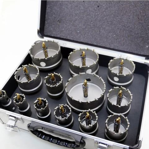13 Piece Carbide Tipped Hole Saw Kit 19-75mm Pro Grade TCT Core Drill Bit Set Heavy Duty Metal Hole Cutter With Pilot Bit, Spring, And Carrying Case For Stainless Steel, Sheet Metal, Iron, And Aluminum. Open case with carbide hole saws