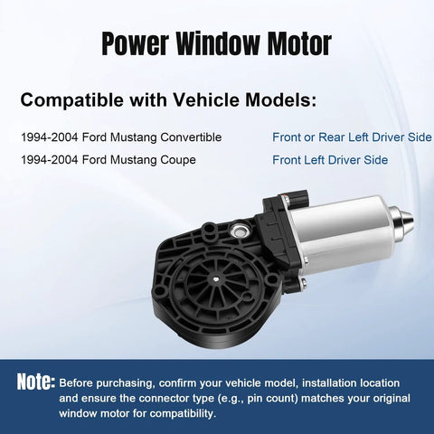 Power Window Lift Motor For Ford Mustang Driver Side Left Front Or Rear 1994 To 2004 Convertible And Coupe Direct Fit Replacement With Interchange 742 268 Ensures Smooth Quiet Operation And Easy Installation shown against a white background.
