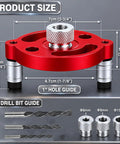 Self Centering Dowel Jig Kit For Knockout Drill Guide Locator Alignment showing red base with hole guide and drill bit sizes.