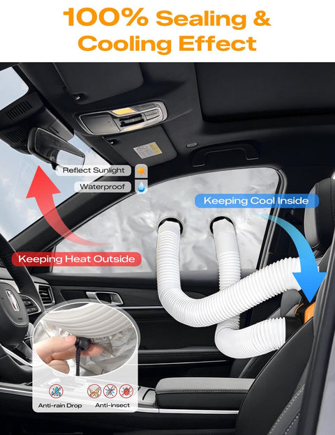 Portable Car Window Air Conditioner Kit with Magnetic Seal and Rainproof Drawstring installed in car window, venting air