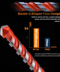 Close-up of red-coated concrete carbide masonry drill bit with double U-shaped flute design.