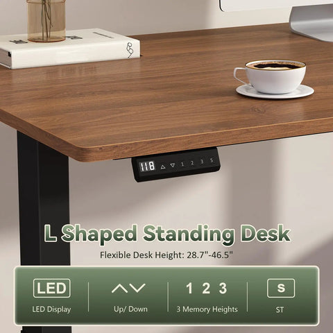 Hella Spacious Corner L Shaped Electric Standing Desk 66 Inch with LED display and adjustable height control from 28.7 to 46 inches.