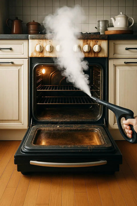 Heavy Duty Steam Cleaner Kit Packing One Thousand Fifty Watts Of Scalding Vapor For Forty Five Minutes Of No Sweat Scrubbing cleaning an oven.