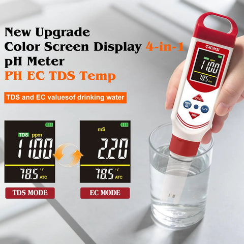 4-In-1 Water Tester With Color Screen Display And Pro Grade Accuracy PH EC TDS PPM Meter for Hydroponics Drinking Water use