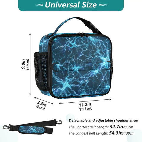 Glowing Blue Lightning Bolts Insulated Lunch Bag For Kids And Adults With Dope Shoulder Straps For Office Travel School Keeps Food Fresh Spacious Main Compartment And Two Side Pockets Durable Polyester Cooler Tote, 11.2in x 9.8in