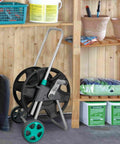 Garden Hose Reel Cart With Wheels For Outdoor Watering Holds Up To Eighty Feet Of Five Eighth Inch Hose Or One Hundred Feet Of Half Inch Hose Durable Iron Frame With Aluminum Accessories Rust Resistant Easy Roll Cart For Yard And Lawn