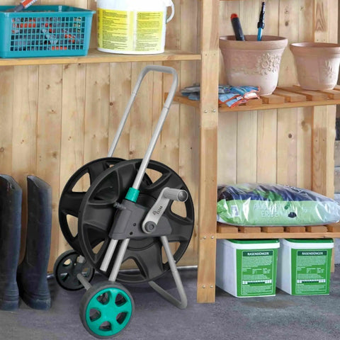 Garden Hose Reel Cart With Wheels For Outdoor Watering Holds Up To Eighty Feet Of Five Eighth Inch Hose Or One Hundred Feet Of Half Inch Hose Durable Iron Frame With Aluminum Accessories Rust Resistant Easy Roll Cart For Yard And Lawn