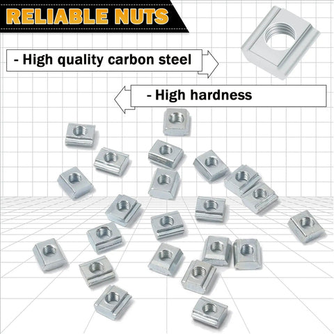 Sliding T Nuts M4 Thread For 2020 Series T Slot Aluminum Extrusion on grid background, highlighting high-quality carbon steel material