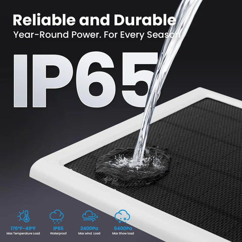 8W Solar Panel Charger For Stick Up Cam Plus Pro Spotlight Cam Plus Pro with water flow showing IP65 rating