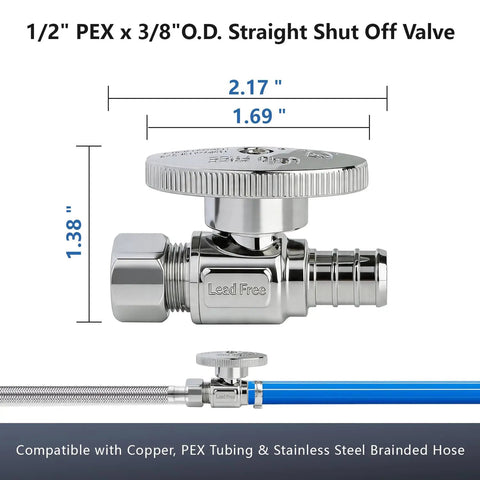 Built Tough Heavy Duty Chrome Plated Brass Straight Stop Valve One Half Inch PEX To Three Eighths Inch Compression Details