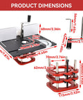 Heavy Duty Router Lift With Reinforced Top Plate Aluminum Alloy And Steel Manual Raise System dimensions image with measurements in black and red.