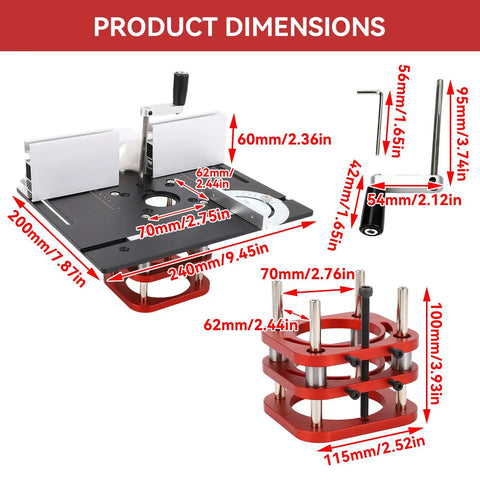 Heavy Duty Router Lift With Reinforced Top Plate Aluminum Alloy And Steel Manual Raise System dimensions image with measurements in black and red.