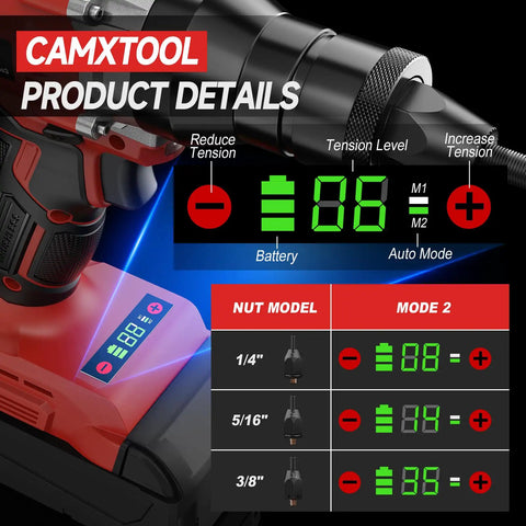 Cordless Rivet Nut Gun for Milwaukee 18V Battery showing digital display and nut model compatibility chart