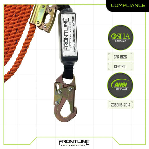 Pro Grade Vertical Lifeline With Openable Rope Grab, 100 Ft, Shock Pack, Snaphook To Back D Ring, OSHA ANSI Compliant