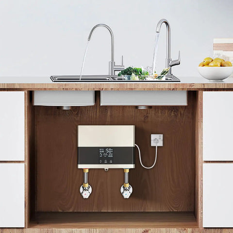 Slick 4000W Tankless Mini Electric Water Heater Featuring Constant Temperature Technology And Convenient Wireless Remote Control Plus Badass Abs Design For Quick Daily Use installed under kitchen sink with faucets.