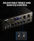 Bluetooth 5.0 Stereo Amplifier Receiver for Karaoke and Home Theater, front view showing controls and LED indicators.