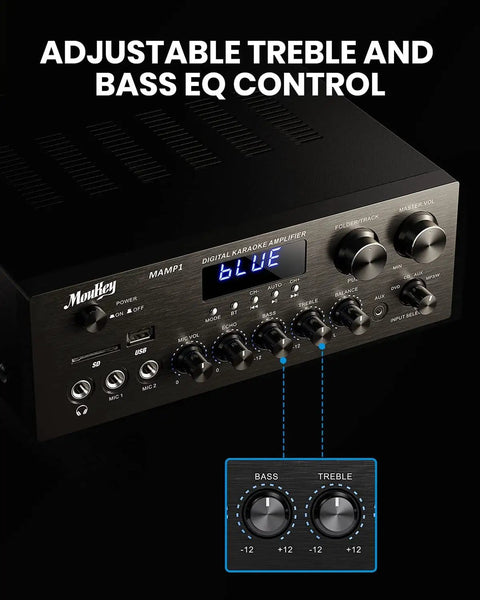 Bluetooth 5.0 Stereo Amplifier Receiver for Karaoke and Home Theater, front view showing controls and LED indicators.